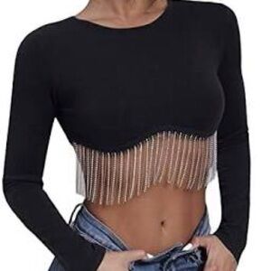 Elegant Black Crop Top with Rhinestone Fringe